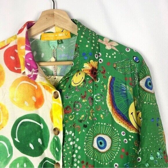FARM Rio Mixed Print Smiley Colorful Short Sleeve Button Down Top L - Picture 5 of 7